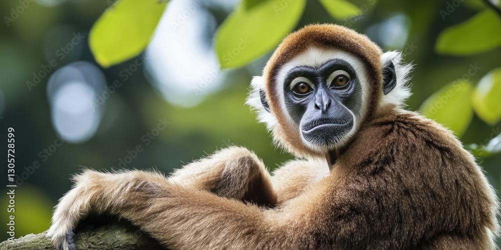 Obraz premium A young macaque sitting on a tree limb.