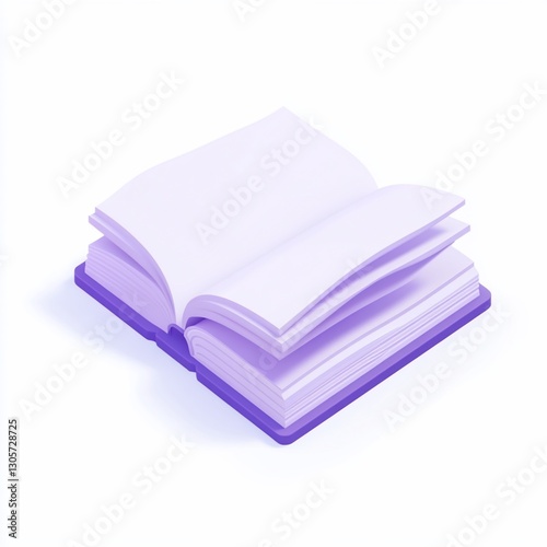 Open book with blank pages, isometric view, purple hue.