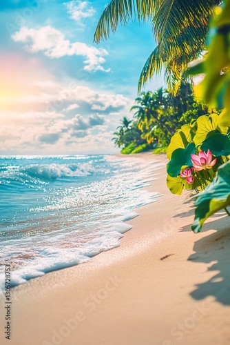Serene tropical beach scene at sunrise with palm trees, pink lotus flowers, and gentle waves washing ashore on a sandy beach.