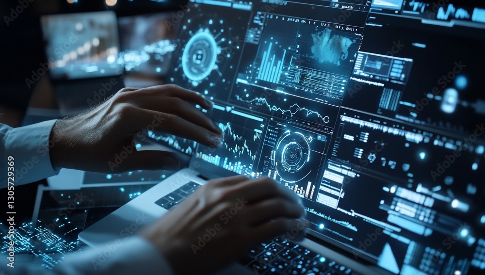 Fototapeta premium Close-up of hands interacting with a laptop displaying complex data visualizations and interactive dashboards.