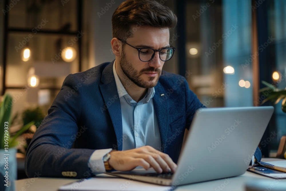 A professional man seated at a table with a laptop, focused on his work. He is dressed casually and appears to be concentrating on the screen. A professional man seated at a table with a laptop, focused on his work. He is dressed casually and appears to be concentrating on the screen.