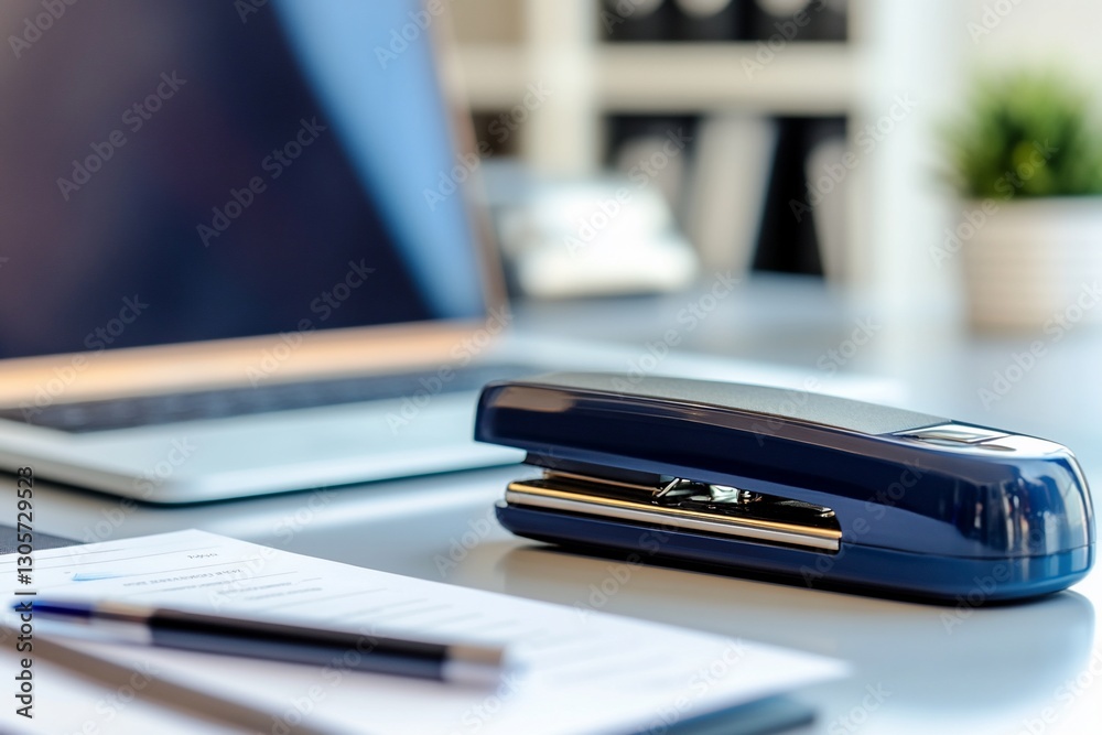 Close-up of a dark-blue stapler on a desk with a laptop, pen, and papers. Close-up of a dark-blue stapler on a desk with a laptop, pen, and papers.