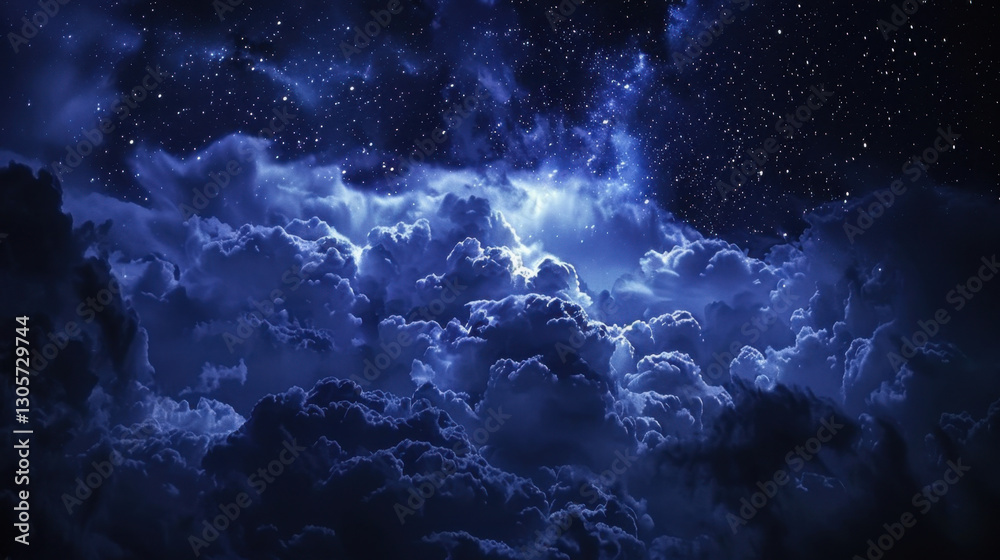 stunning night sky filled with dark clouds and twinkling stars creates serene and mystical atmosphere. deep blue hues and dramatic cloud formations evoke sense of wonder and tranquility stunning night sky filled with dark clouds and twinkling stars creates serene and mystical atmosphere. deep blue hues and dramatic cloud formations evoke sense of wonder and tranquility