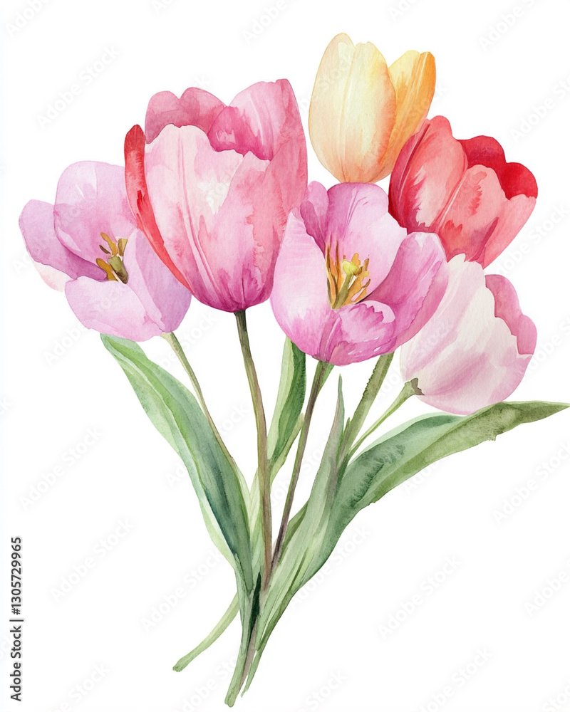 Fototapeta premium Hand-Painted Watercolor Tulip Bouquet with Pink, Red, and Yellow Flowers, Botanical Floral Artwork