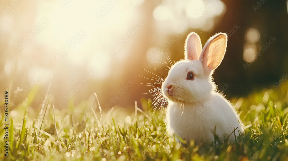 Fototapeta premium Soft white rabbit resting amid verdant grass, basking in golden sunlight during tranquil late afternoon moment