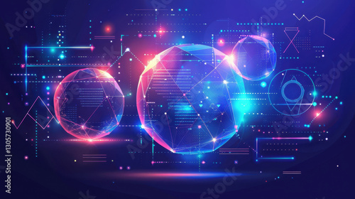 Wallpaper Mural vibrant digital abstract design featuring glowing spheres and geometric shapes, representing technology and data visualization. colorful lights create futuristic atmosphere Torontodigital.ca
