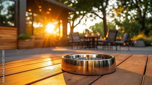 Modern Patio with Outdoor Furniture and Dog Bowl Under Sunlight. Generative AI photo
