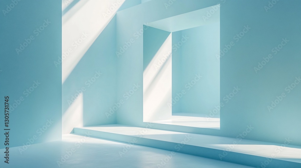 Fototapeta premium Sunlit minimalist blue room interior with steps and square openings.