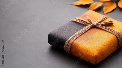 Modern minimalist gift box wrapped in gradient fabric with twine and autumn leaves on a grey surface. Generative AI photo