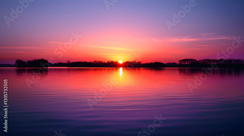 Tranquil Sunset Over Calm Lake Reflecting Vibrant Sky
