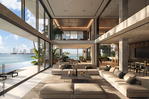 luxurious beach-front villas, a minimalist living room in a modern villa with floor-to-ceiling windows offering a view of miami beach