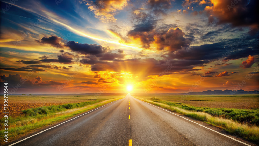 Breathtaking sunset over open road stretching into horizon Breathtaking sunset over open road stretching into horizon