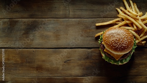 Delicious cheeseburger with french fries on rustic wooden table.