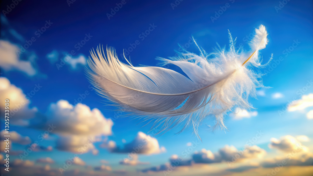 delicate white feather floats gracefully in blue sky with clouds delicate white feather floats gracefully in blue sky with clouds