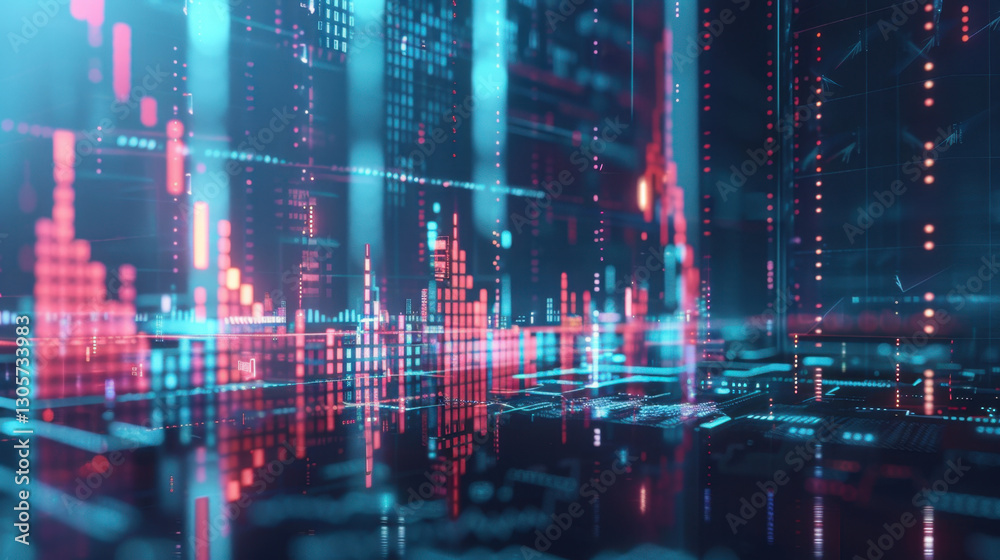 Obraz premium vibrant digital landscape showcasing data visualization with glowing graphs and charts, representing technology and analytics. scene conveys sense of innovation and progress