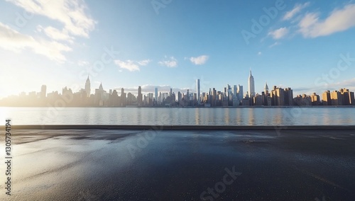 Panoramic city skyline at sunrise reflected on wet asphalt.