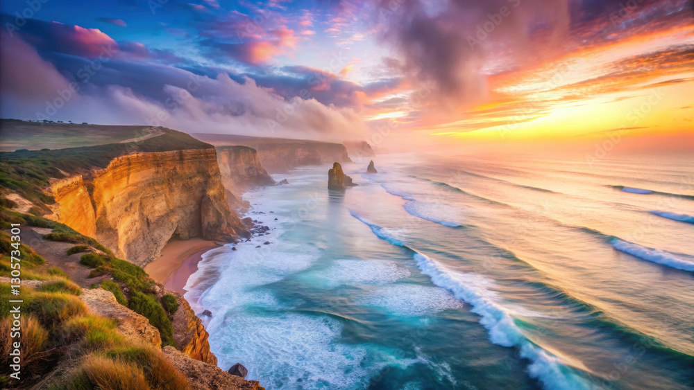 Fototapeta premium Breathtaking cliffside view at sunset with ocean waves and colorful sky