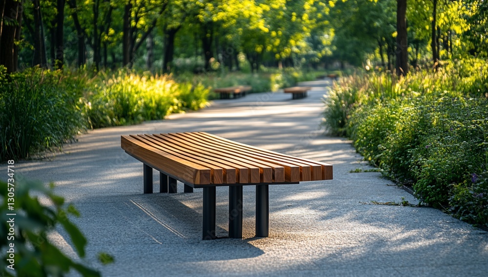 Curved wooden park bench on paved pathway, lush green foliage background, sunlight. Curved wooden park bench on paved pathway, lush green foliage background, sunlight.