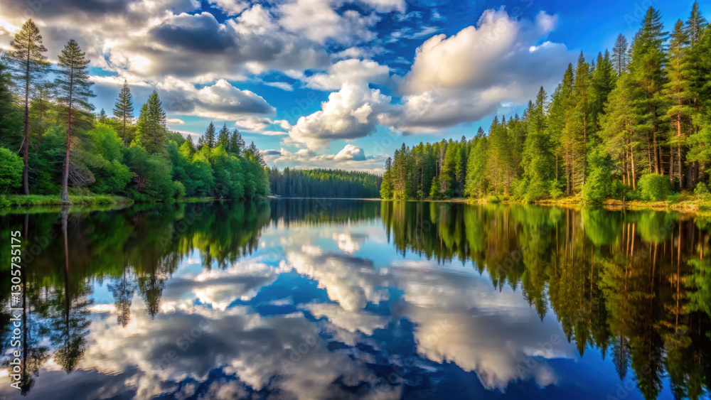 Fototapeta premium serene forest lake reflecting clouds and trees in calm water