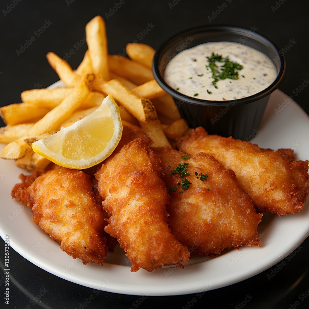 Fototapeta premium Crispy fish, fries, tartar sauce, lemon wedge, pub