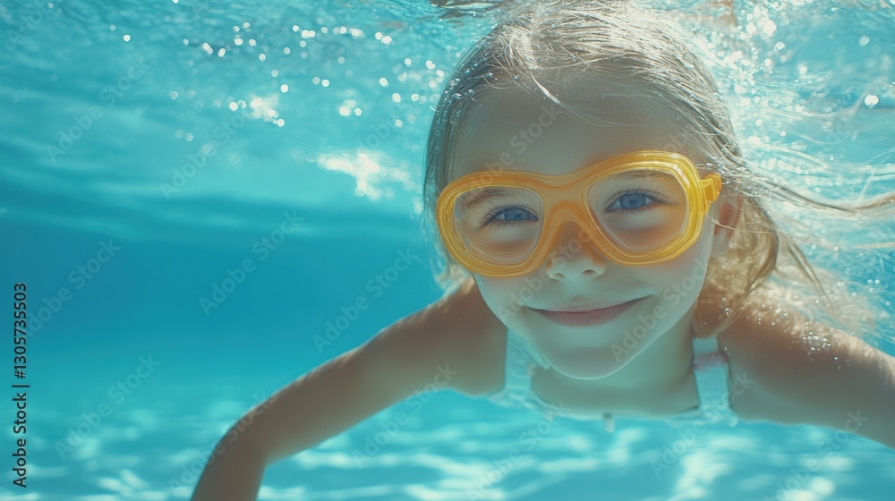 Naklejka premium Young girl in goggles swims joyfully in a clear pool water.