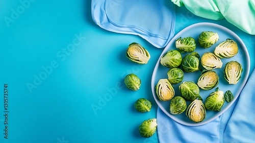 Fresh Brussels sprouts on a blue plate and background.  Halved and whole sprouts arranged artistically with fabric accents. photo