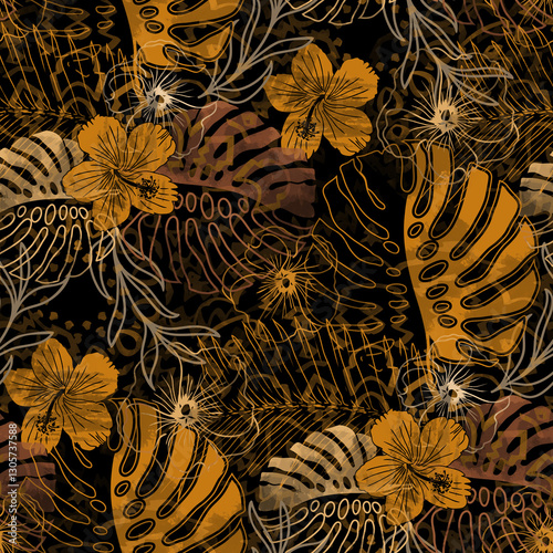 Golden tropical night pattern. Seamless, dark and moody tropical design with botanical elements and gold accents. Perfect for fabric, prints, & more.