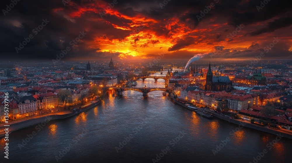 Obraz premium Fiery Sunset over Prague's Bridges and Castle