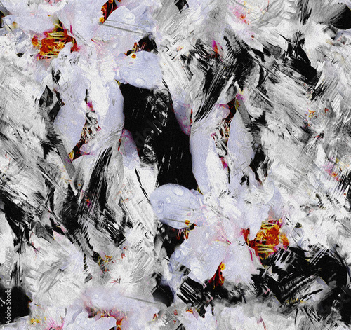 Abstract floral burst pattern. Seamless, dynamic design with expressive brushstrokes. Perfect for fabric, prints, & more.