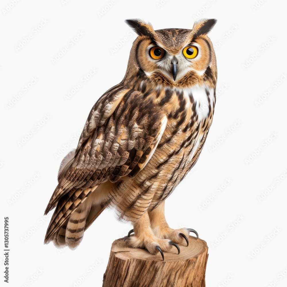 Fototapeta premium A captivating diecut of an owl, gracefully perched, isolated against a white backdrop for striking visuals.