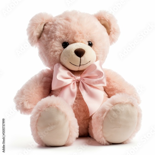 Adorable fluffy teddy bear with a pink bow, perfect for cuddles and gifts, set against a clean white backdrop.