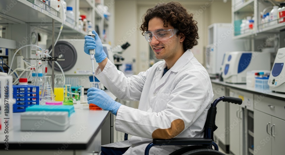 Dedicated scientist in wheelchair conducts research within a modern laboratory setting Dedicated scientist in wheelchair conducts research within a modern laboratory setting