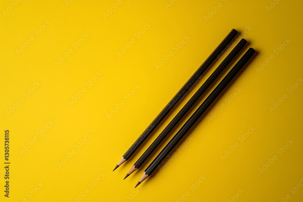 Three black pencils arranged diagonally on a vibrant yellow background. Three black pencils arranged diagonally on a vibrant yellow background.
