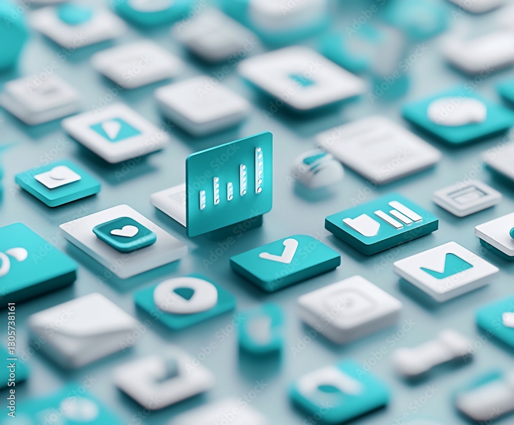Abstract 3D rendering of teal and white app icons, showcasing digital data and interface design elements. Abstract 3D rendering of teal and white app icons, showcasing digital data and interface design elements.