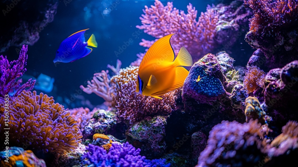 Naklejka premium Vibrant coral reef with colorful fish swimming amidst diverse marine life.