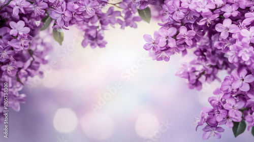 Fototapeta Naklejka Na Ścianę i Meble -  Purple flowers framing a blurred background with bokeh effect, perfect for spring and nature themed projects