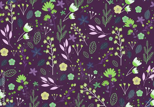 Violet meadow bloom pattern. Seamless, playful floral design with hand-drawn elements in a violet palette. Perfect for fabric, prints, & more.
