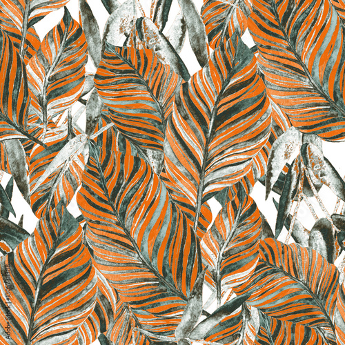 Burnt orange foliage pattern. Seamless, tropical leaf design with watercolor texture. Perfect for fabric, prints, & more.