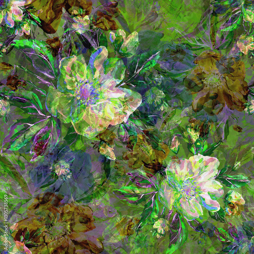 Verdant floral haze pattern. Seamless, soft and delicate floral design with expressive brushstrokes and a verdant palette. Perfect for fabric, prints, & more.