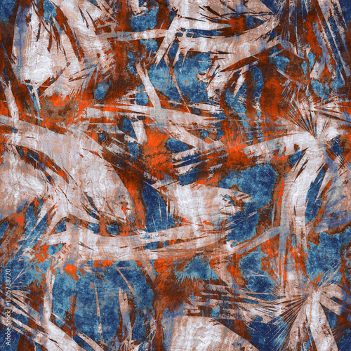 Azure rust tropical scratch pattern. Seamless, grunge tropical design with expressive scratch marks and a blend of blue and rust tones. Perfect for fabric, prints, & more.