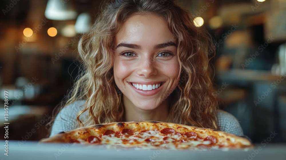 A sophisticated curly woman eating pizza and using the internet. An interior view of a laughing female eating Italian food while using a laptop A sophisticated curly woman eating pizza and using the internet. An interior view of a laughing female eating Italian food while using a laptop