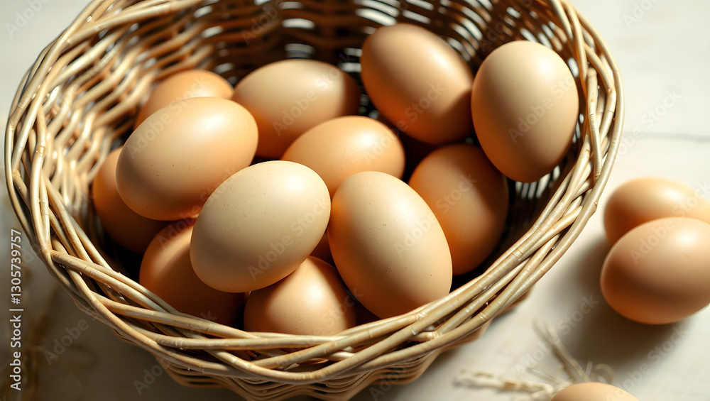 a woven basket filled with fresh brown eggs, perfect for breakfast or baking. The eggs are neatly arranged in the basket a woven basket filled with fresh brown eggs, perfect for breakfast or baking. The eggs are neatly arranged in the basket