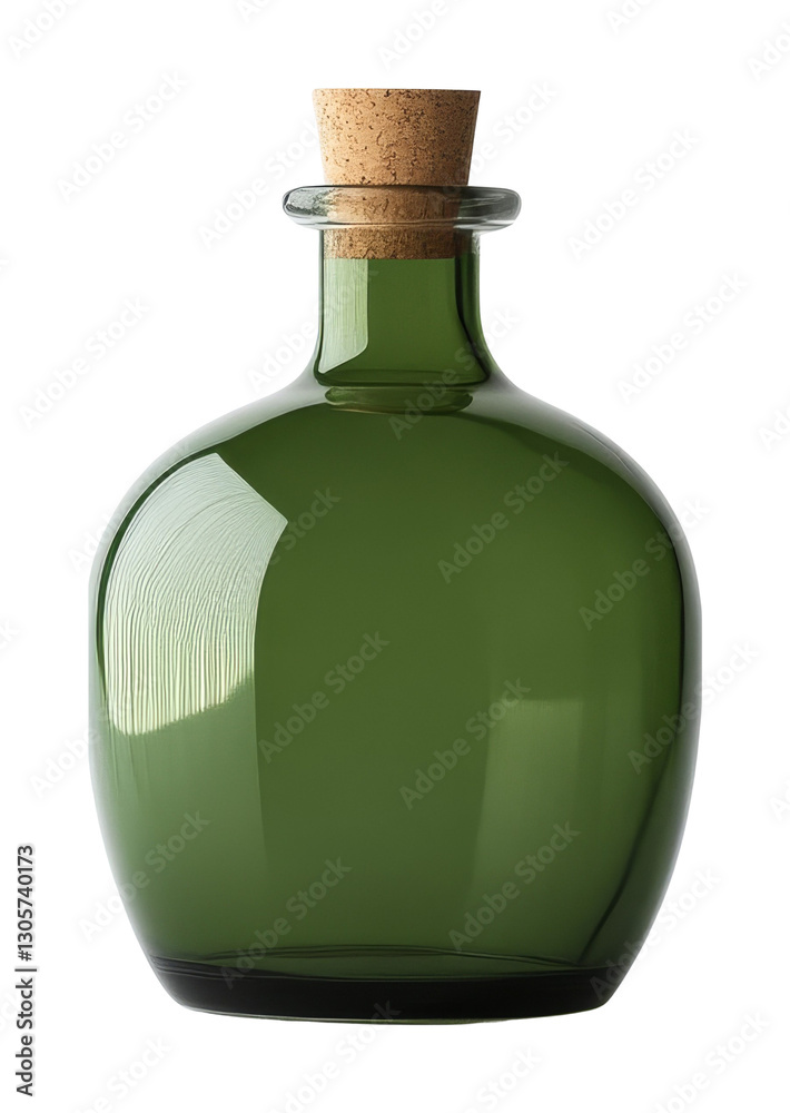 Green glass bottle with cork stopper on transparent background. Minimalist design concept Green glass bottle with cork stopper on transparent background. Minimalist design concept