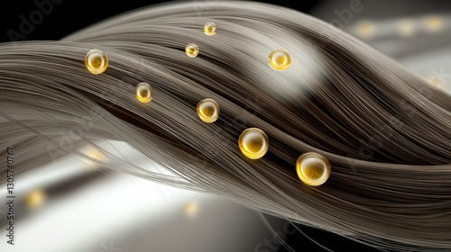 Macro of golden serum drops on chestnut hair background, strong detailing, hair nutrition, care. golden nourishing oil drops on chestnut hair. hair structure treatment with serum. hair treatment serum