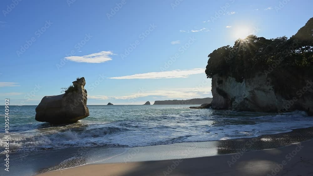Cathedral Cove, Beach and Rock with surf and sun, Hahei, Coromandel, Canterbury, North Island, New Zealand