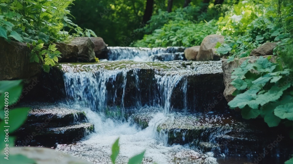 Naklejka premium Serene Waterfall Cascading Through Lush Greenery