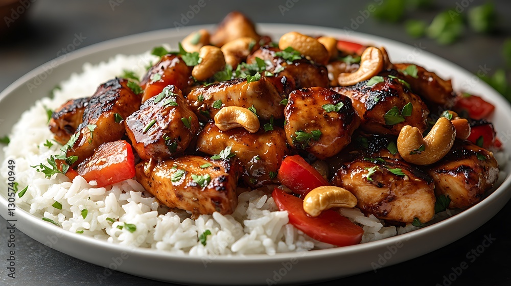 White plate of chicken sauted cashew nuts and rice on white background White plate of chicken sauted cashew nuts and rice on white background