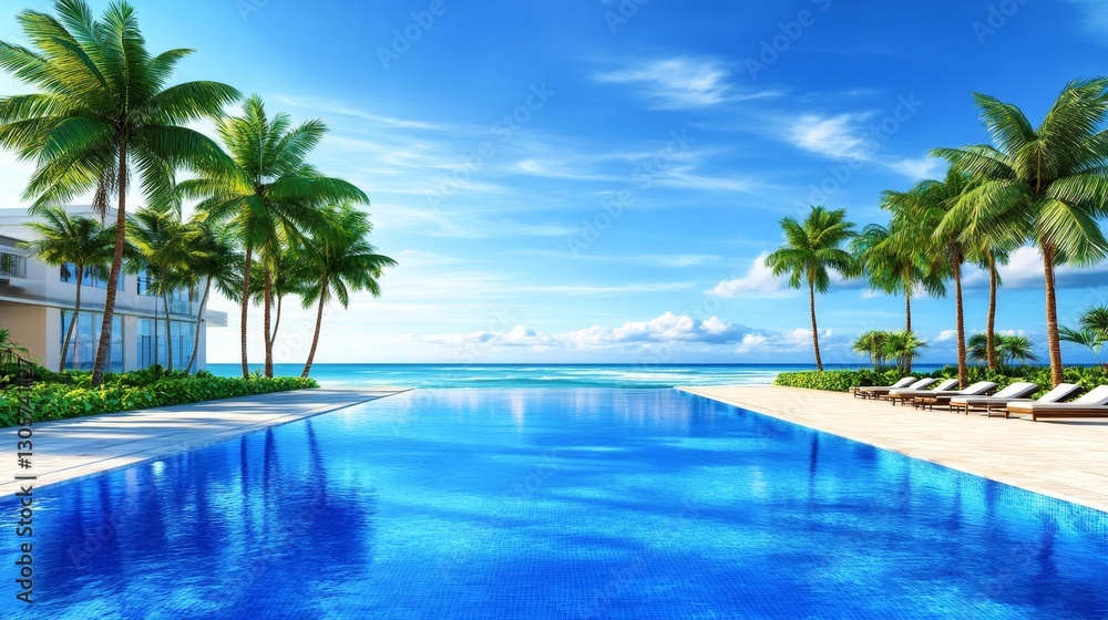 Serene tropical resort poolside with palm trees and ocean view under a clear blue sky Serene tropical resort poolside with palm trees and ocean view under a clear blue sky