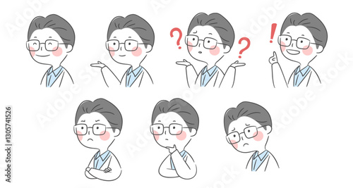 여러 가지 표정의 하얀 가운의 캐릭터 반측면 세트