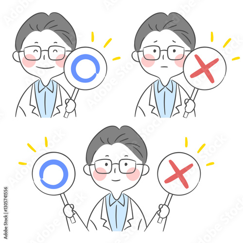 OX 사인을 든 하얀 가운 캐릭터 세트 일러스트